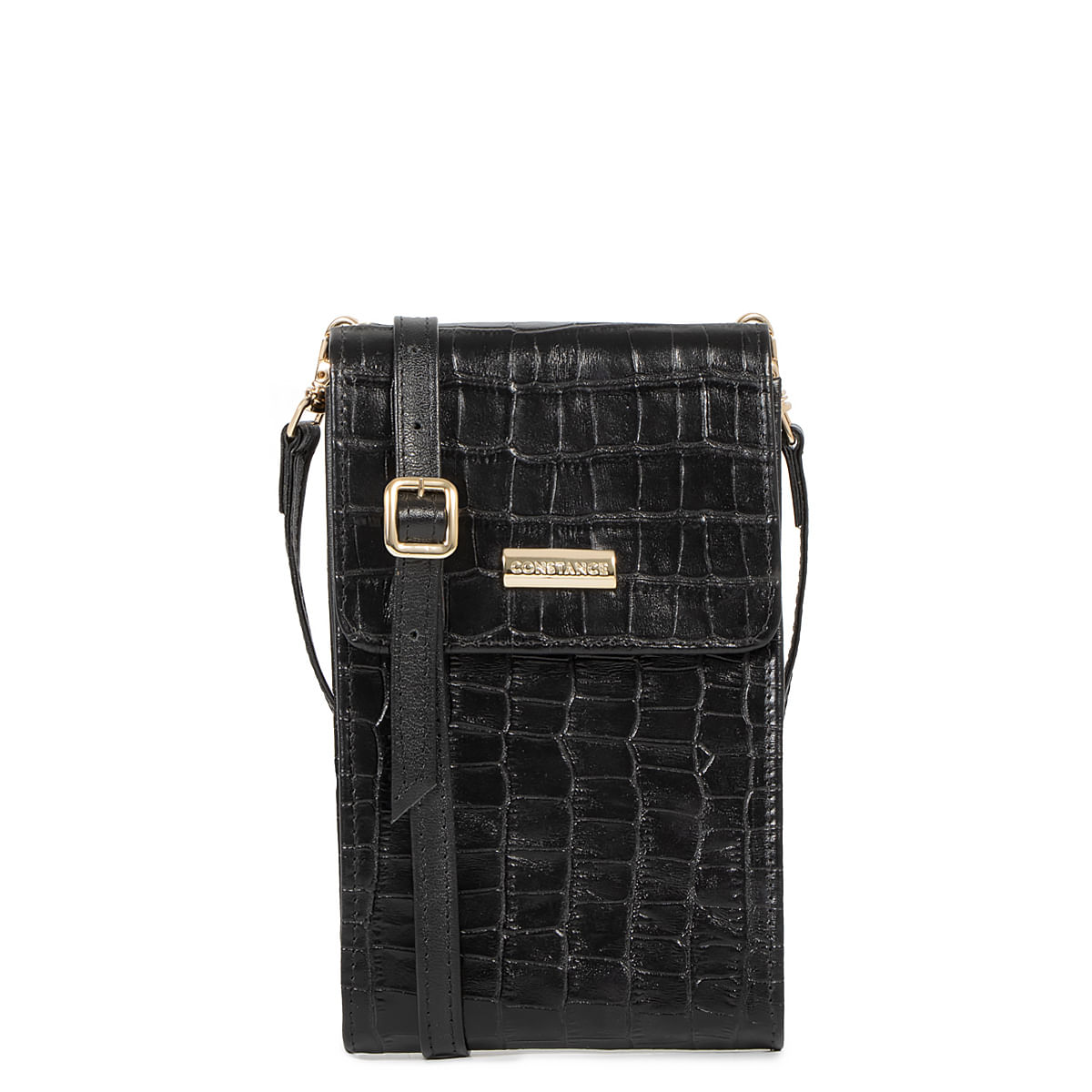 Bolsa Couro Tiracolo Preta Croco