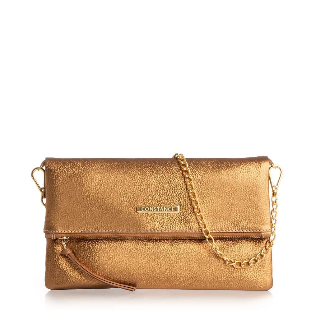 Bolsa Couro Envelope Bronze Alça Corrente