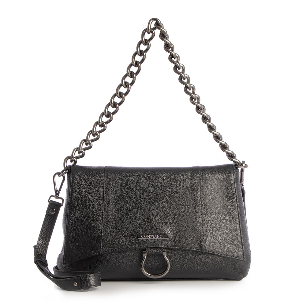 Bolsa Couro Preto Alça Corrente
