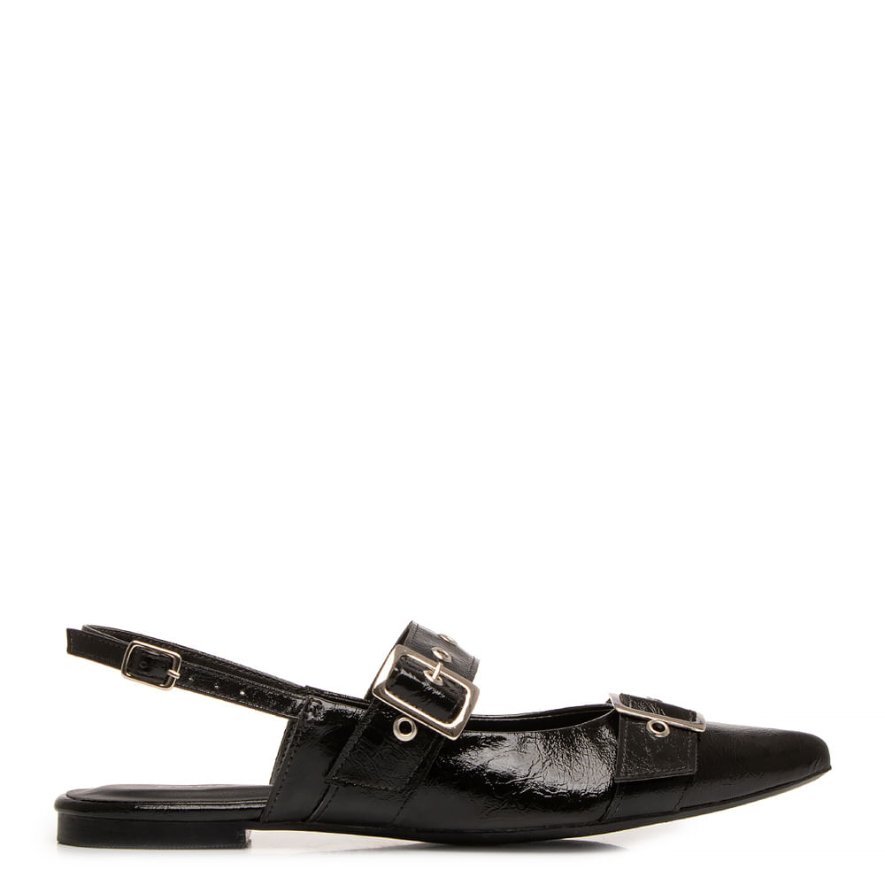 Sapatilha Slingback Preta Texturizada Fivelas