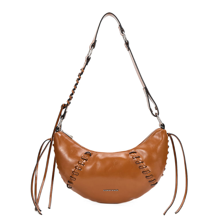 Bolsa Meia Lua Tira Bordada Caramelo