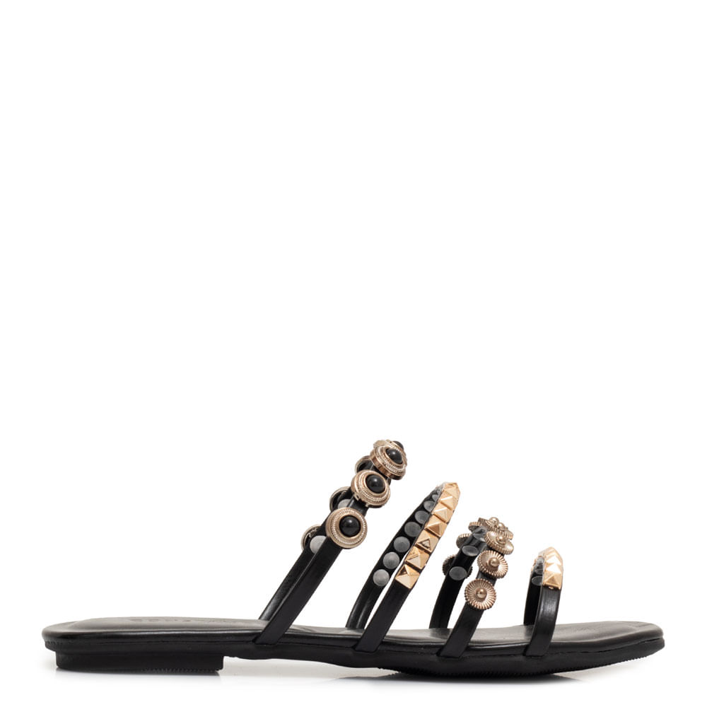Rasteira Preta Enfeites Spikes