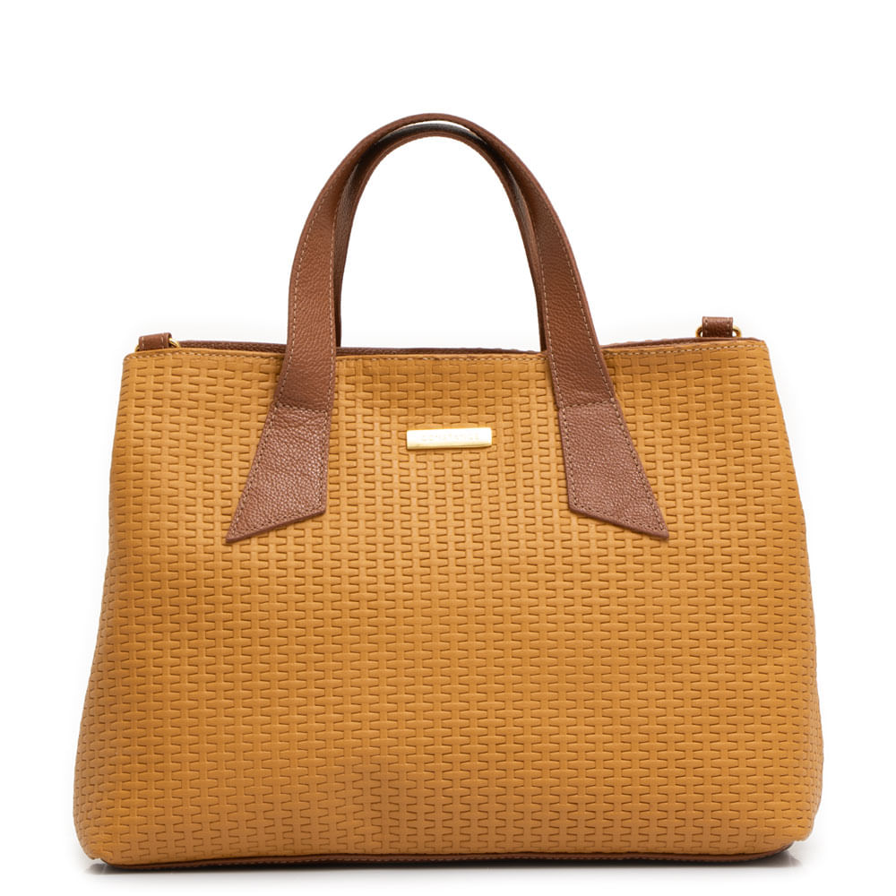 Bolsa Tote Bicolor Mostarda Couro Alça Geométrica
