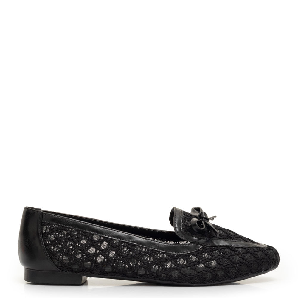 Mocassim Preto Tela Laço Tramado