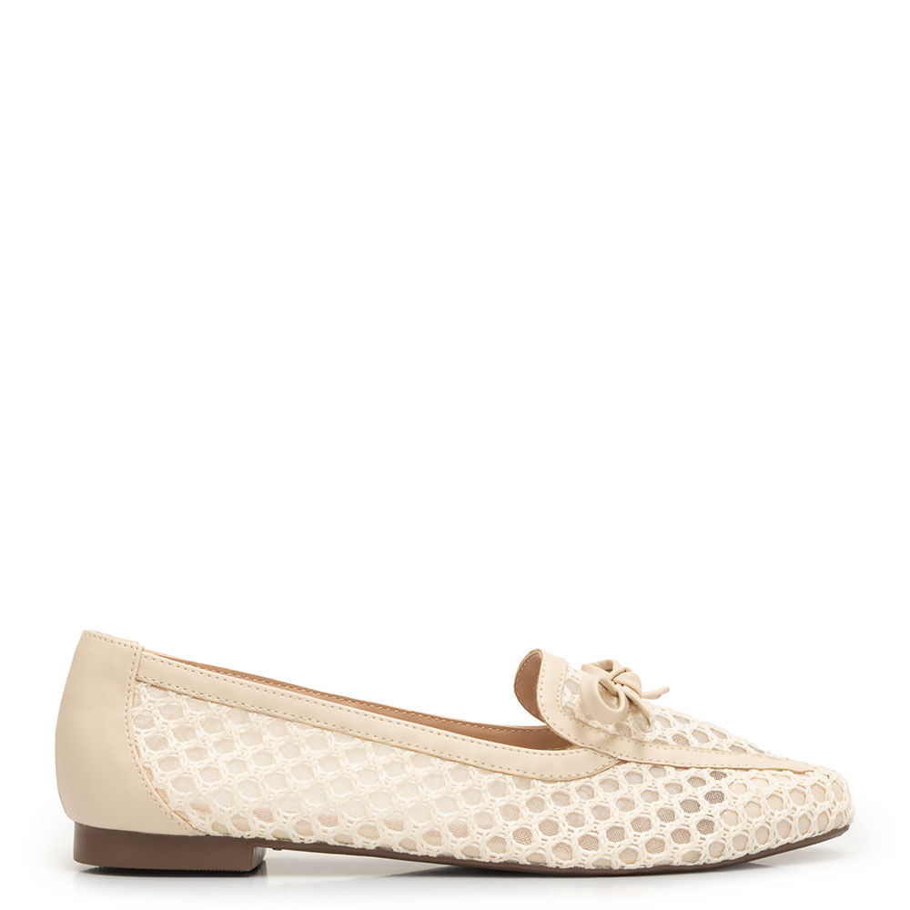 Mocassim Off White Tela Laço Tramado
