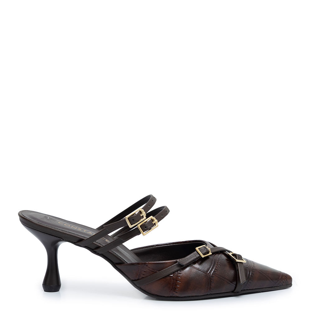 Scarpin Mule Café Texturizado Fivelas