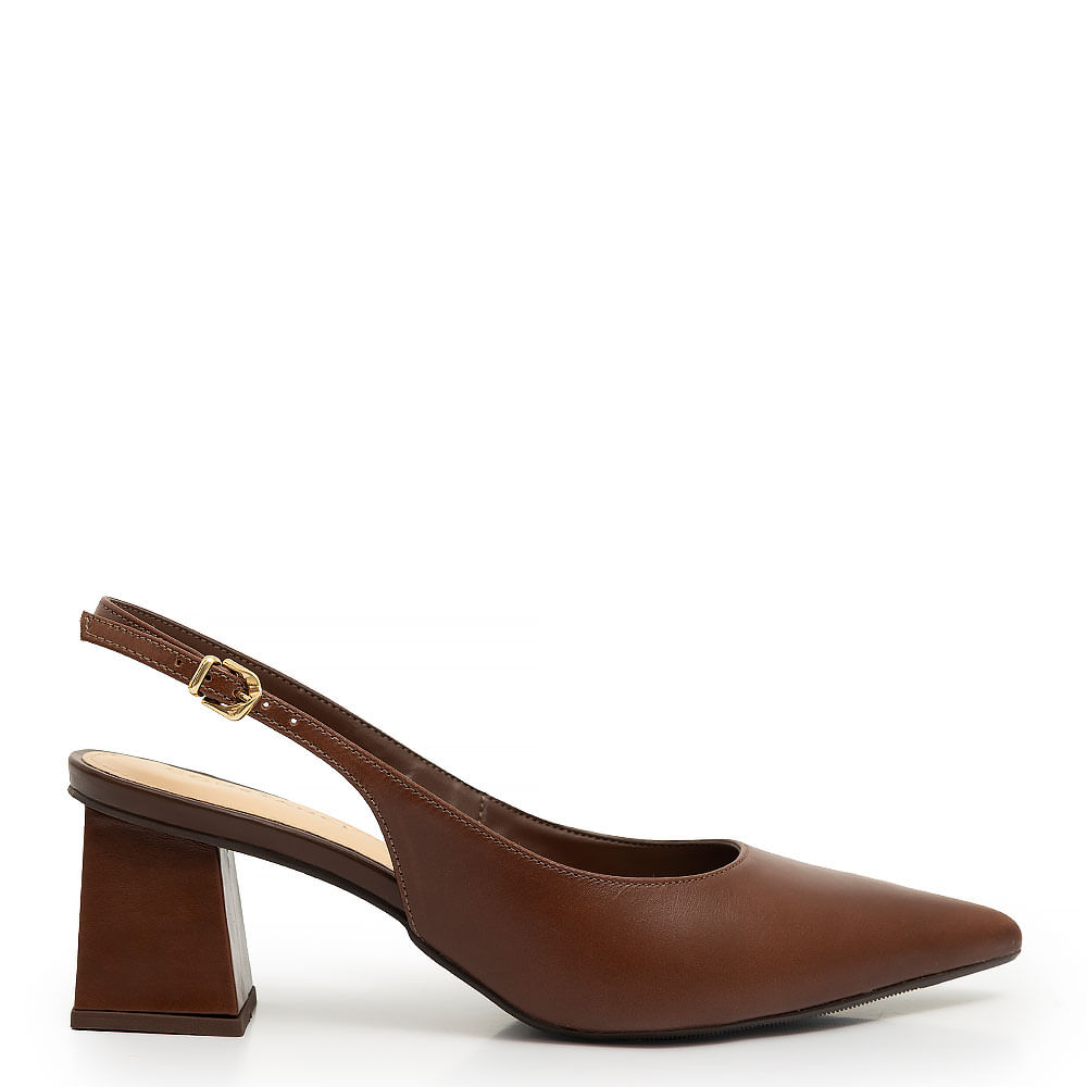 Scarpin Slingback Marrom Couro Salto Bloco