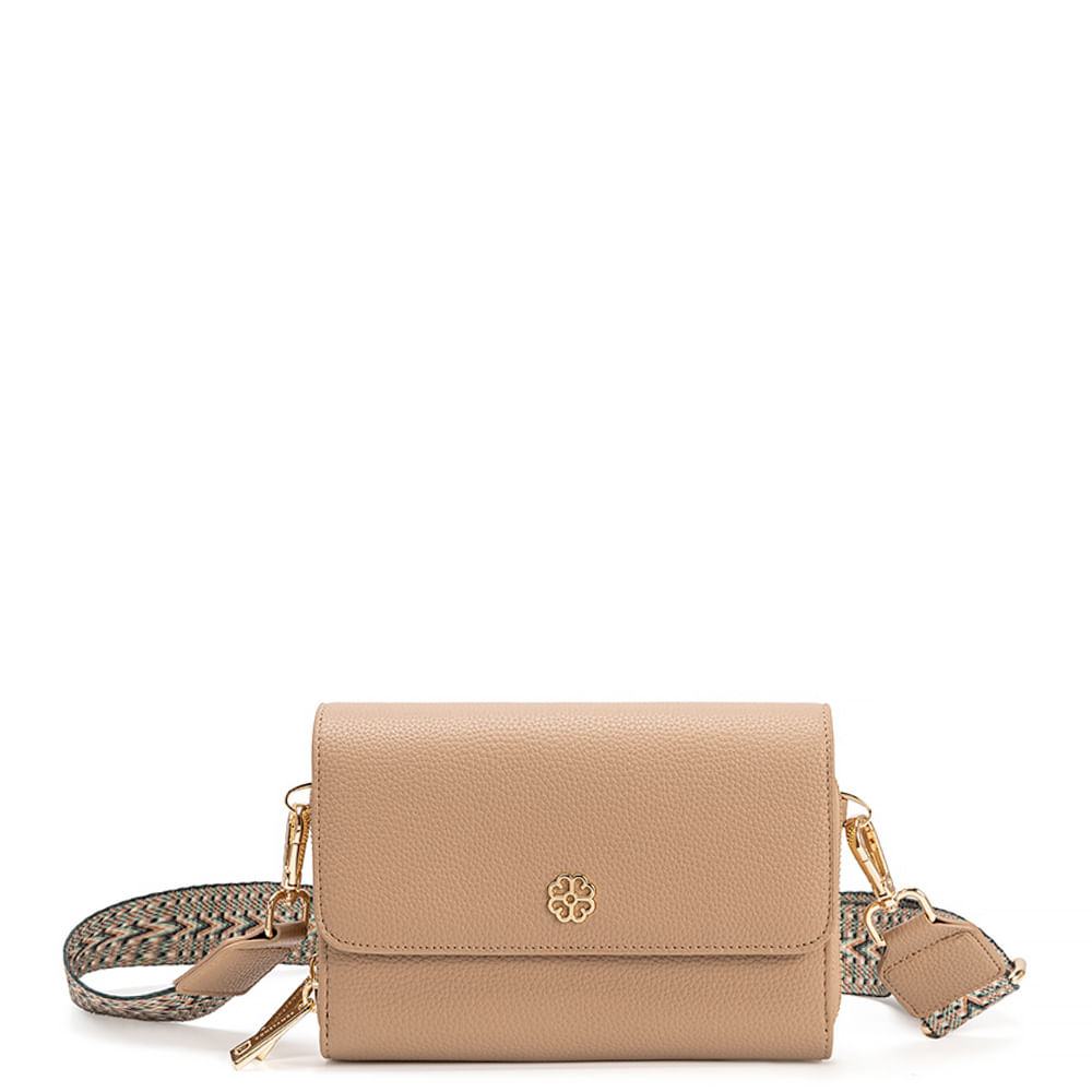 Bolsa Tiracolo Enfeite Flor Bege