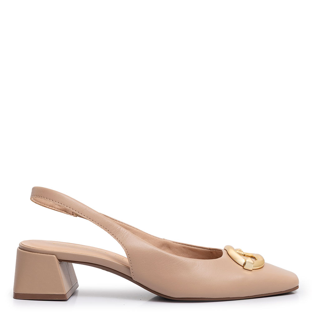 Scarpin Slingback Bege Couro Enfeite